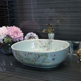 Artistic Painting Flowers bird Porcelain Art Countertop Washnasin Ceramic Bathroom Vessel Sinks Vanities chinese wash basin oval Wfqjv