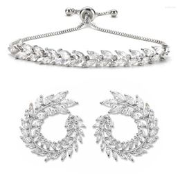 Necklace Earrings Set Luxury White Olive Branch Zircon Wedding Women With Big Leaf Fashion Adjustable Bracelet And Sets Atacado