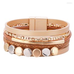 Bangle Boho Multilayer Leather Wrap Bracelets For Women Men Punk Gold Copper Tube Magnetic Clasp Bracelet JewelryBangle