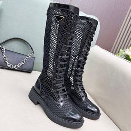 Boots Mesh Knee Boots Fashion Martin Knight boots thigh-high Round toe Booties for women luxury Leather Lace up Rivet Boots