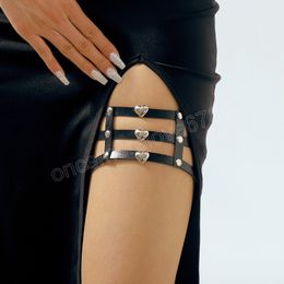 Women Sexy Elastic Leather Thigh Belt Leg Accessory Punk Goth Harajuku Black Multilayer Heart Thigh Garter Body Jewelry