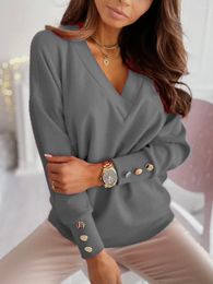 Women's Blouses Women's Autumn Solid Colour Deep V Neck Pocket Single-breasted Long Sleeve Pullover Knitted Cardigan Tops Oversized Shirt