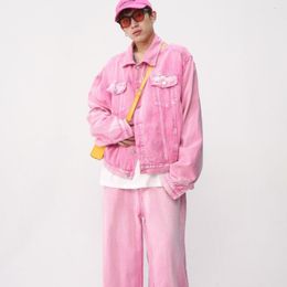 Men's Tracksuits Summer Pink Denim Jacket Straight Jeans Casual Set Fashion High Street Daily Short Overcoat Trousers Suit Male Clothes 230625