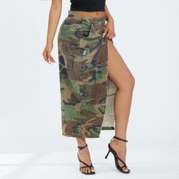 Skirts Women's Summer Long Cargo Fashion High Split Camouflage Skirt With Pocket