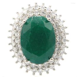 Cluster Rings 27x23mm Eye Catching Oval Gemstone 8.4g Real Green Emerald White CZ Jewellery For Woman's Silver