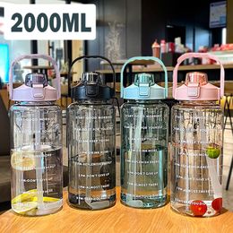 Water Bottles 2L Water Bottle With Straw Outdoor Portable Sports Drinking Cup Reusable Fitness Water Bottles Summer Cold Water With Time Scale 230625