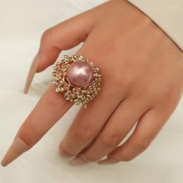 Wedding Rings Statement Exaggerated Chunky Hollow For Women Romantic Big Pink Pearl Beads Female Opening Finger Ring Jewelry