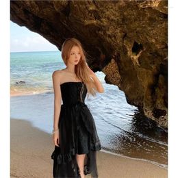 Casual Dresses Brithday Dress Women 2023 Summer Solid White Black Strap Irregular Y2k Female Lace Fashion Holiday Beach