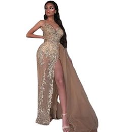 Gold Stunning Mermaid Evening Dresses Spaghetti Appliqued Beaded Sleeveless Prom Dresses High Split Ruffle Floor Length Formal Party Gown
