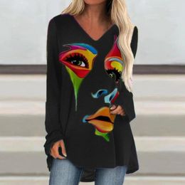 Women's Blouses Retro Abstract Face Ladies Street Style Clothes Loose Casual Long-Sleeved V-Neck Irregular Printing Women Fashion T-Shirt