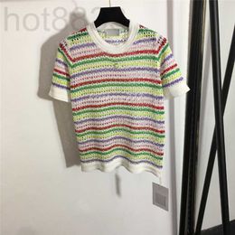 Women's T-shirt Designer Slim Tee Knits Tops with Multicolour Striped Girls Milan Runway Hollow Out Crop Top High End Short Sleeve Pullover Vest Shirts B0VS