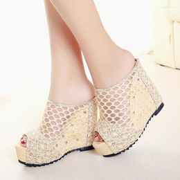 Sandals 2023 Summer Women Mesh Platform Wedge Heel Studed Slip On Peep Toe Rubber Sole Elegant Mature Ladies Shoes Female