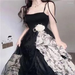 Casual Dresses Summer Dress 2023 Women Flower Vintage Black Elegant Midi Party Korean Spaghetti Strap Arrival Print