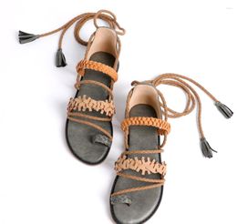 Sandals 2023 Casual Flats Women Weave Knit Boho Bohemia Ethnic Tassel Fringe Lace Up Shoes Flip Flops Big Size 41 42
