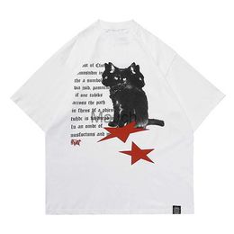 Men's T-Shirts Men Streetwear Hip Hop T Shirt Animal Cats Letter Graphic T Shirt Oversized Harajuku 2023 Loose Tshirt Cotton Tops Tee Hipster J230625