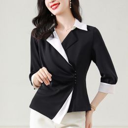 Women's Blouses Women Summer Black And White Patchwork Shirts Fashion 2023 Elegant Notched Collar Office Lady OL Tops