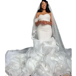 Vintage Cascading Ruffles Mermaid Wedding Dresses One Shoulder Bead Bridal Gown Plus Size Fish Tail Sequin Vestidos De Novia 326 326