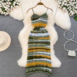 Casual Dresses Colorful Stripe Knitted Suspended Dress Women's 2023 Summer Girl V-Neck Slim Sling Bodycon Sleeveless Knitwear Tops Z693