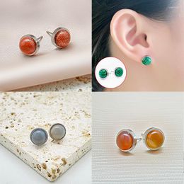 Stud Earrings Stainless Steel Natural Stone Wedding Women Fashion Jewelry 8mm Malachite Opal Statement Party Gift