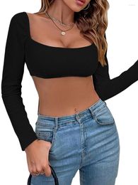 Women's T Shirts Women S Scoop Neck Crop Tops Casual Long Sleeve Solid Colour Slim Fit T-Shirt Blouses