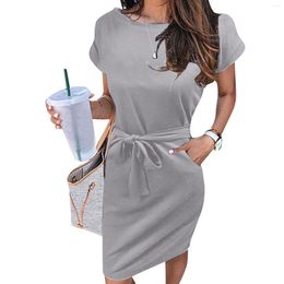 Casual Dresses Elegant Women T-Shirt O Neck Short Sleeve Sashes Pockets Vestidos Solid Colour Sundress Ladies Summer Midi Dress