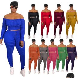 Women'S Plus Size Tracksuits Womens Large Fashion Solid Color Suit Leisure Sports One Shoder Long Sleeve Sexy Drop Delivery Apparel Dhkrg