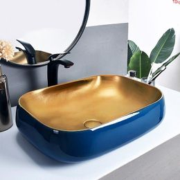 Handmade wash basin Bathroom vessel sinks counter top art ceramics rectangle gold glazedgood qty Ojcss