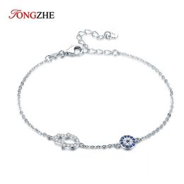 TONGZHE Hamsa Hand Evil Eye Charm Bracelet Sterling Sier Luck Blue CZ Chain Link Bracelets for Women Turkish Jewelryhkd2306