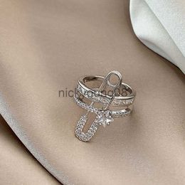 Band Rings Creative Micro-Inlaid Zircon Safety Pin Ring Double Layer Open Finger Ring Jewelry For Woman x0625