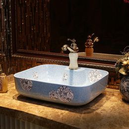 Bthroom Counter Top Wash Basin Cloakroom Hand Painted Vessel Sink bathroom sinks art ceramic wash basin rectangular oval bluegood qty Vkvvp