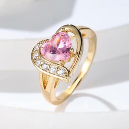 Wedding Rings Cute Pink Zircon Love Heart For Women Gold Colour Valentine Day Bridal Bands Promise Engagement Ring Jewellery Gifts