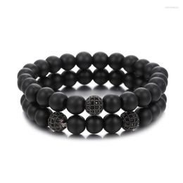 Strand Beaded Strands 8mm Black Matte Stone Beads Men Bracelet 2pcs/set CZ Copper Ball Bracelets Jewellery For Pulsera Hombre Armband