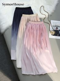 Skirts 2023 Summer Autumn Mesh Long Gradient Tulle Skirt Elegant Vintage Elastic High Waist Pleated Gauze A-Line Female