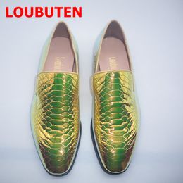 Italy Gold Snakeskin Pattern Leather Casual Mens Shoes Luxury Handmade Loafers Slip On Dress Shoes Formal Party Wedding Shoes
