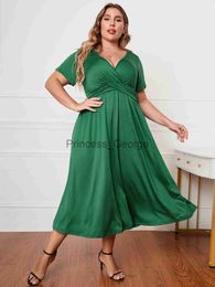 Casual Dresses 2022 Summer Women V Neck Short Sleeve High Waist Solid Casual Dress Green Plus Size Women Clothing Maxi Long Dress x0625