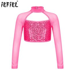 Weste Kinder Mädchen Pailletten Crop Tops Langarm Ballett Tanz Tank Tops für Moderne Latin Jazz Tanzen Bühne Leistung Tanz Kostüm 230625