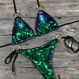 Women's Swimwear Solid Bikini Sexy Swimsuit Halter Bathing Suit Women Bling Sequin Set Beach Wear Drop Monokini Glitter p230625