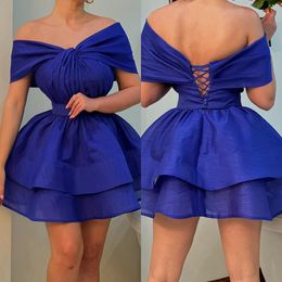 Sexy Royal Blue Cocktail Dress Off Shoulder Pleats Short prom dresses lace up back mini party homecoming Special Occasion dress