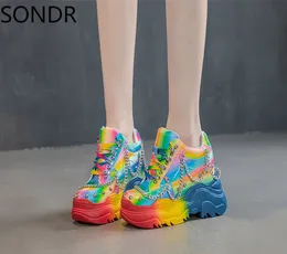 Womens Genuine Leather Rainbow Colors Sneaker Lace Up Wedge Hidden Heel Shoes Bling Laser Luxury New 2023