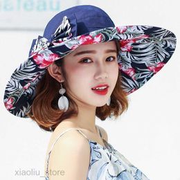 Wide Brim Hats reversible summer hat for women Superlarge brim Beach cap sun hat female England Style girls bow Fedora hatSun block HKD230625