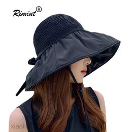 Wide Brim Hats Summer Black Rubber Bowknot Sun Hat Women's UV-proof Large Brim Sunshade Sun Knitted Hollow Sunscreen Hat Beach Bathing HatsSun block HKD230625