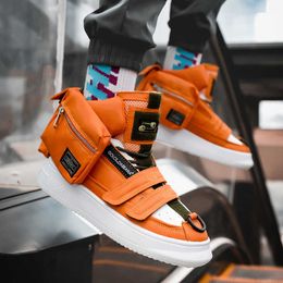 Mens Womens High Top Casual Shoes Couple Sneakers with Pockets Thick Sole High Top Board Trainers Black Orange