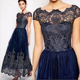 Hot Cheap Mother Off Bride Dresses Navy Blue Illusion Cap Sleeve Plus Size Lace Appliques Ankle Length Women Formal Mothers Gowns