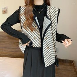 Women's Vests Cardigan Coat Female French Premium Irregular Autumn/Winter Mink Fleece Vest Small Fragrant Black And White Oblique Stripe