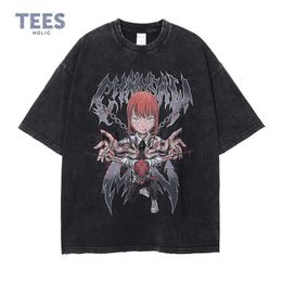 Men's T-Shirts Makima Graphic Tshirts Harajuku Vintage Washed Anime Chains Man Tops Tees Retro Manga Short Sleeve Oversize y2k Denji T Shirt J230625