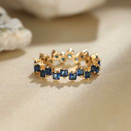 Link Chain Irregular Square Zircon Engagement Ring Vintage Female Royal Blue Stone Thin Ring Antique Gold Colour Wedding Rings For Women CZ J230626