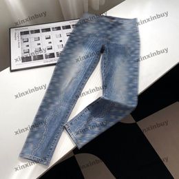 xinxinbuy Men women designer pant Paris Iron chain jacquard Letter Printing Washed Jeans denim zipper Casual pants blue S-2XL