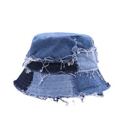 Retro Design Hat for Men Burr Patchwork Denim Bucket Hats Outdoor Sunshade Plain Face Thin Basin Caps for Women Tide