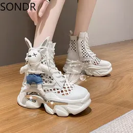 Womens PU Leather Sneakers Holes Rabbit Decor Cute Ankle High Top Lace Up Platform High Heel Shoes Summer Breathable New 2023