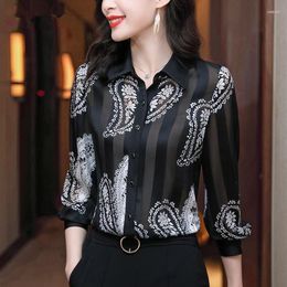 Women's Blouses Vintage Striped Paisley Printed Blouse 2023 Spring Casual Long Sleeve Women's Clothing Commute Polo-Neck Single-breasted